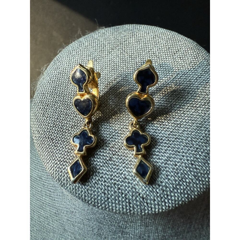 Vintage Dangle Drop Enamel Earrings Blue Gold Tone Cocktail Career Geometric